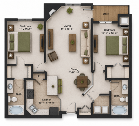 Floor plan for 2 beds, 2 baths, 1224 sqft